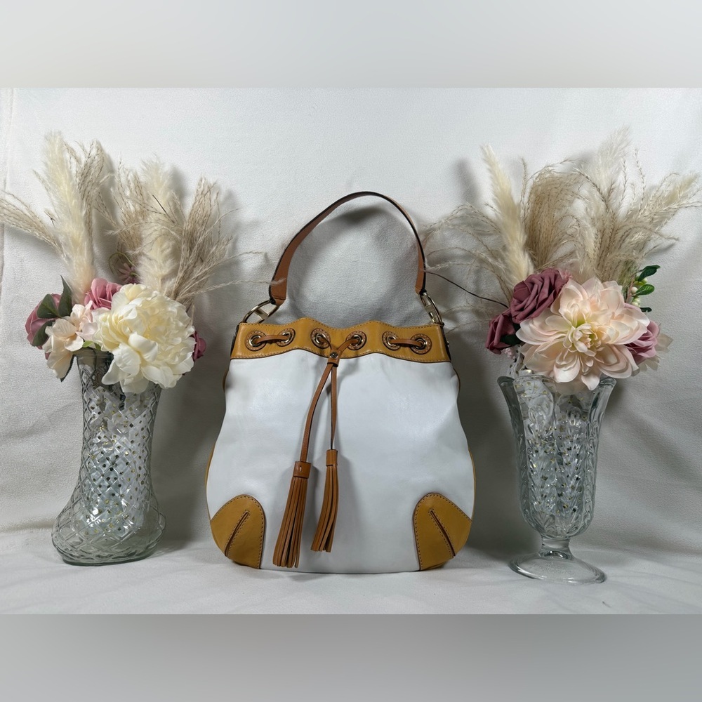 Michael Kors White And Tan Leather Bucket Bag